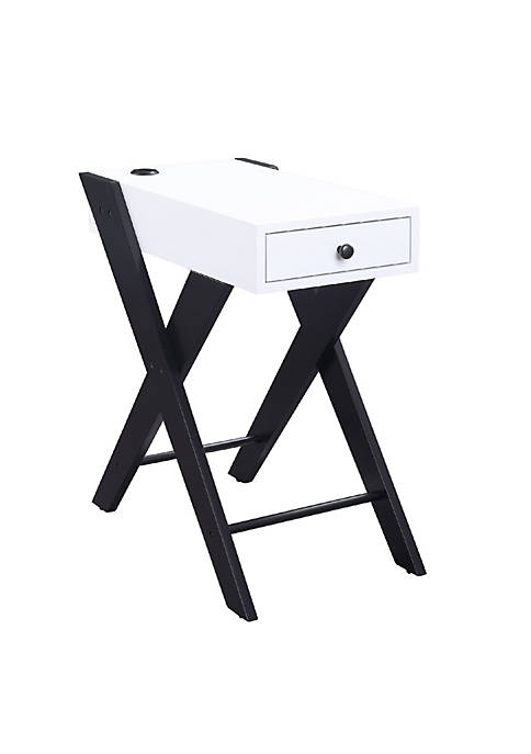 Wooden Frame Side Table with X Shaped Legs and 1 Drawer, White and Black