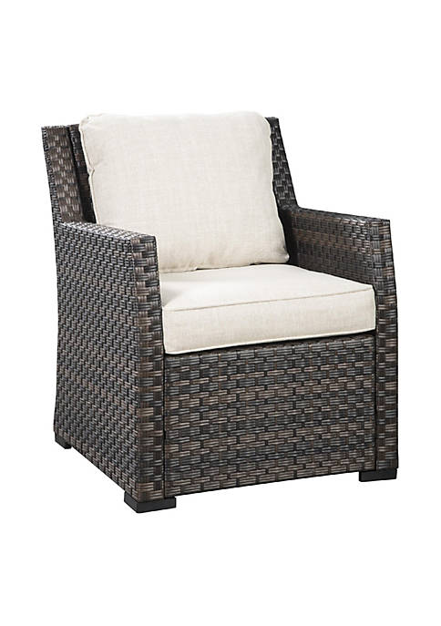 Resin Wicker Woven Lounge Chair with Track Arms, Brown and Beige