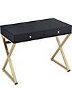 Rectangular Two Drawer Wooden Desk With "X" Shape Metal Legs, Black And Gold