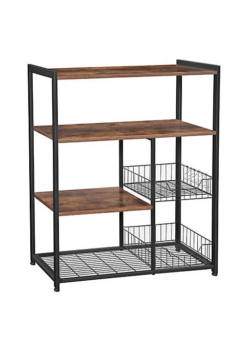 2 Mesh Basket and 6 Hooks Wood and Metal Frame Bakers Rack, Brown and Black