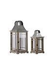 House Shaped Wooden Lantern with Glass Inset, Set of 2,  Brown and Gray