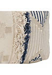 Fabric Pouf Ottoman with Woven Design and Fringe Details, Cream and Blue