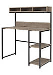 Wood and Tubular Metal Frame Office Desk with Hutch, Brown and Black