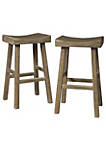 31 Inch Wooden Saddle Stool with Angular Legs, Set of 2, Brown
