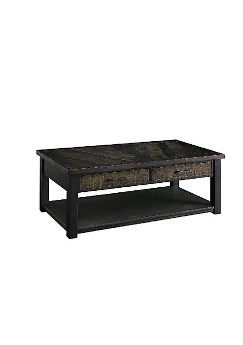 2 Drawer Rustic Style Plank Top Coffee Table with Open Shelf, Dark Oak