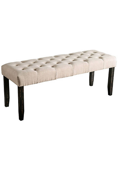 20 Inch Button Tufted Wooden Bench, Antique Black and Beige