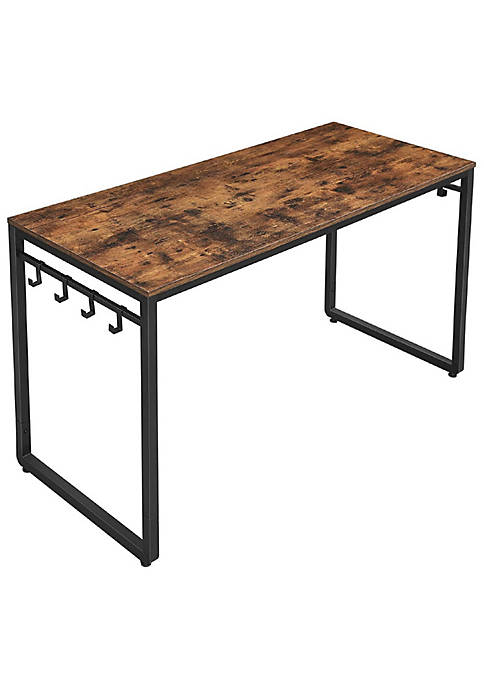 55 Inches Wood and Metal Office Desk with 8 Hooks, Brown and Black