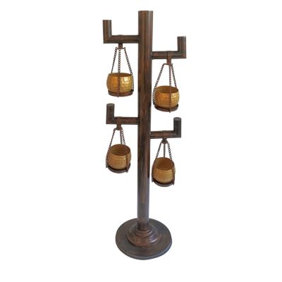 Duna Range 52 Inch Tall Plant Stand With 4 Hanging Pots, Antique Bronze, Gold, Black