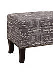 Fabric Upholstered Wooden Ottoman with Script Pattern, Gray and Black