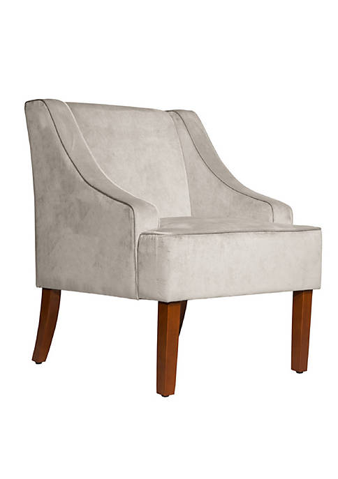 Velvet Fabric Upholstered Wooden Accent Chair with Swooping Armrests, Gray and Brown