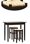 3 Piece Wooden Counter Set with Seagrass Seat Stools, Brown and Beige