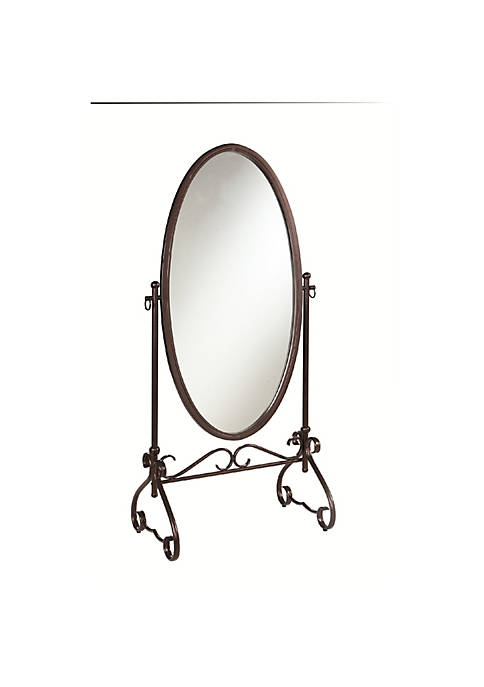 Oval Shaped Metal Cheval Mirror with Scrollwork Base, Brown and Clear