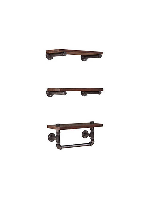 Floating Style Wooden Wall Shelf with Pipe Design Base, Brown