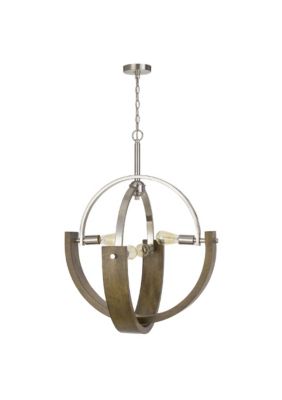 Duna Range 4 Bulb Metal And Wooden Chandelier, Silver And Brown -  0192551589902