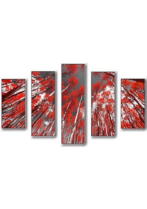 Aspen Trees On Fall Printed Canvas Painting with Wooden Backing, Piece of Five, White and Red