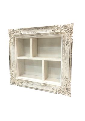 Duna Range 28 Inch Rectangular Wall Mount Mango Wood Shelf, 4 Compartments, Floral Carving, Distressed White -  0192551574649