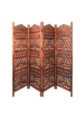 Duna Range 80 Inch Handcrafted 4 Panel Carved Wood Room Divider Screen, Intricate Cutout Details, Brown -  0192551614178