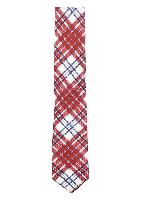Mens Silk, Linen and Cotton Necktie with Plaid and Geometric Floral