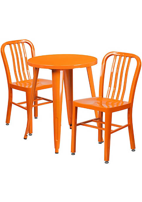 Commercial Grade 24" Round Orange Metal Indoor-Outdoor Table Set with 2 Vertical Slat Back Chairs