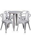 Commercial Grade 24" Round Silver Metal Indoor-Outdoor Table Set with 4 Arm Chairs