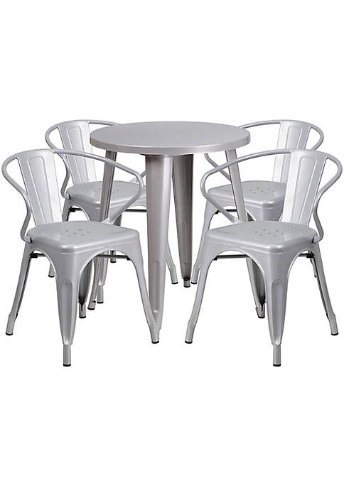 Commercial Grade 24" Round Silver Metal Indoor-Outdoor Table Set with 4 Arm Chairs