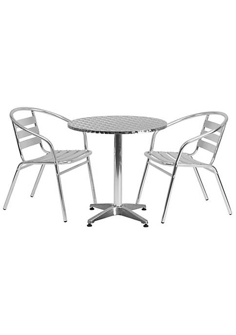 27.5 Round Aluminum Indoor-Outdoor Table Set with 2 Slat Back Chairs