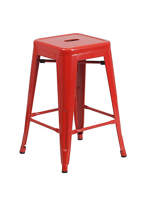 24 High Backless Orange Metal Indoor-Outdoor Counter Height Stool with Square Seat
