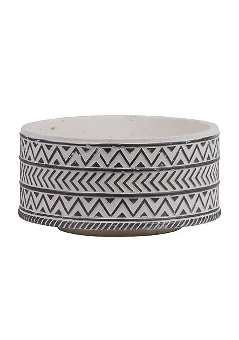 Ceramic Wide Round Pot with Painted Black Embossed Lattice Chevron Design Body and Tapered Bottom Washed Finish White - Large