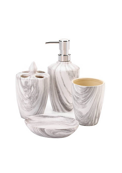 Contemporary Marble Printed Bath Accessory Set - Includes Soap Dispenser, Toothbrush Holder, Water Cup and Soap Dish