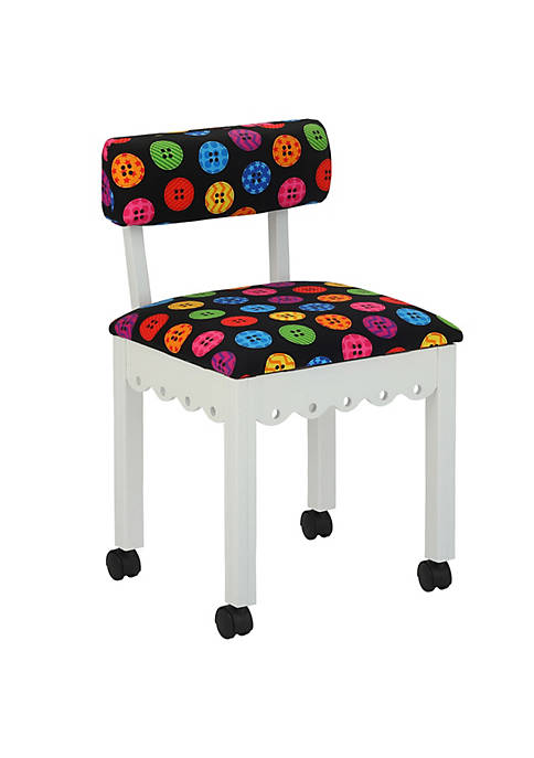Wood Sewing and Craft Chair with Gingerbread Design, Under Seat Storage and Print Upholstery Fabric - White