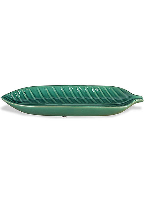 Home Indoor Decorative Ceramic Leaf Plate - Large, Green and White