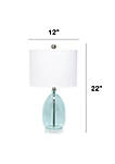 Oval Glass Table Lamp with White Drum Shade, Clear Blue