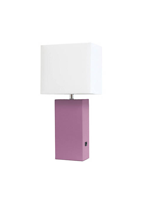 Modern Leather Table Lamp with USB and White Fabric Shade, Purple