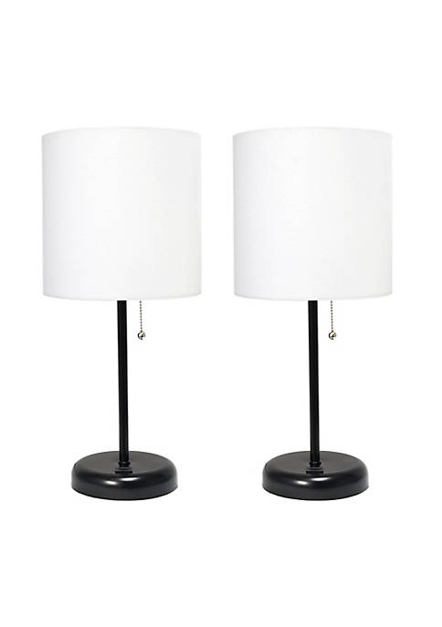 Home Decorative Stick Lamp with USB Charging Port, White Fabric Shade and Black Base - 2 Pack Set