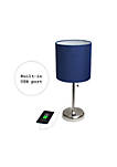 Home Decorative Stick Lamp with USB Charging Port, Navy Fabric Shade and Brushed Steel Base - 2 Pack Set