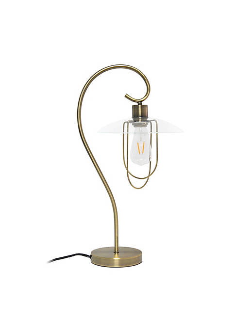 Modern Table Lamp with Curved Metal Base and Clear Glass Shade - Antique Brass