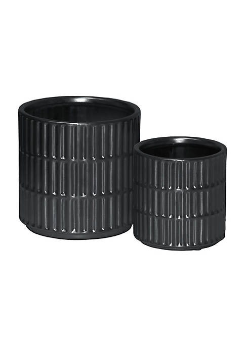 2 Piece Urban Trends Ceramic Cylindrical Wide Mouth and Engraved Rectangle Design Body Set of Two Matte Finish Black Pot