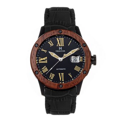 Heritor Automatic Men's Everest Wooden Bezel Leather Band Watch /date, Black, 0 -  840148806504