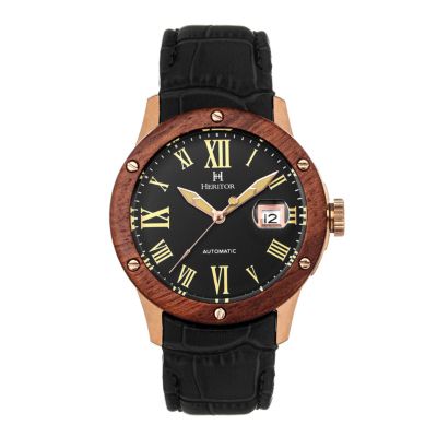 Heritor Automatic Men's Everest Wooden Bezel Leather Band Watch /date