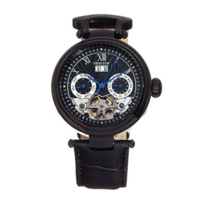 Men's Heritor Automatic Ganzi Semi-Skeleton Leather-Band Watch, Black, 0 -  847864146099