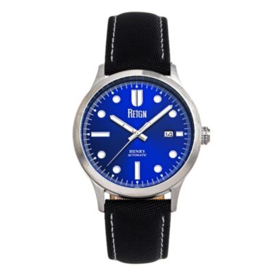 Men's Reign Henry Automatic Canvas-Overlaid Leather-Band Watch W/date, Blue, 0 -  840148802667