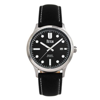 Men's Reign Henry Automatic Canvas-Overlaid Leather-Band Watch W/date, Black, 0 -  840148802643