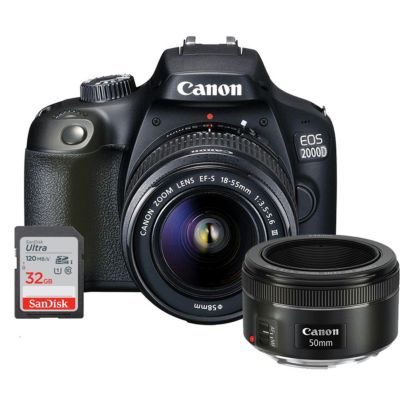 Canon Eos 2000D Digital Slr Camera + 18-55Mm Lens + Ef 50Mm F/1.8 Stm Lens + 32Gb Memory Card, Black, Standard -  614198358920