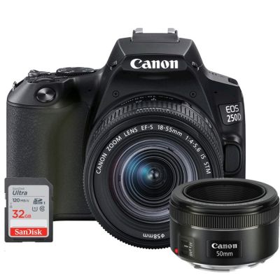 Canon Eos Rebel 250 Digital Slr Camera + 18-55Mm Lens + Ef 50Mm F/1.8 Stm Lens + 32Gb Memory Card, Black, Standard -  614198358937