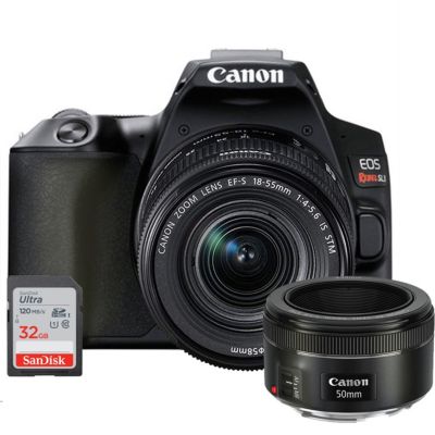 Canon Eos Rebel Sl3 Digital Slr Camera + 18-55Mm Lens + Ef 50Mm F/1.8 Stm Lens + 32Gb Memory Card