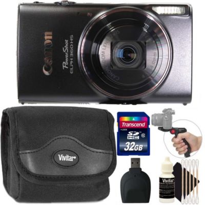 Canon Powershot Elph 360 Hs Digital Camera With Pistol Grip Tabletop Tripod Kit - Black