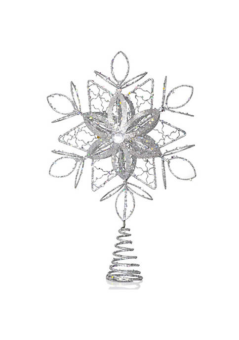 Flower Snowflake Tree Topper - Christmas Glitter Silver Flower Snow Flake Star Ornament Treetop Decoration