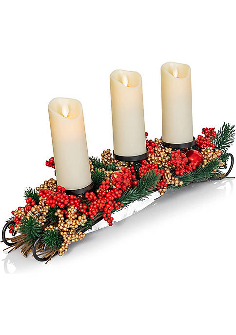 Ornativity Christmas Décor Candle Holder – Xmas Themed Candle Holder Centerpiece Decorations with Red and Gold Berries and Evergreens