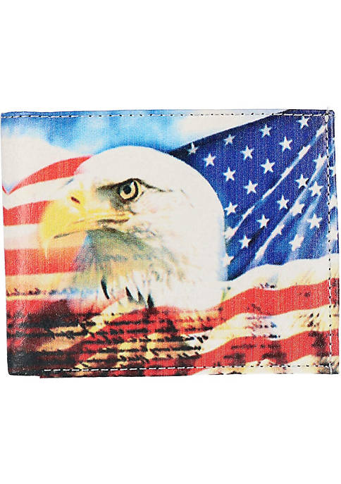 Mens Vegan Leather Eagle American Flag Print Bifold Wallet