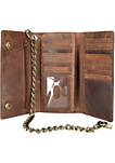 Mens Crazy Horse Leather RFID Long Trifold Chain Wallet